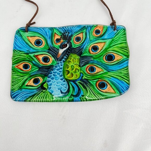 VTG Peacock Bird Stained Glass Window Hanging Sun Catcher Colorful 6.5" x 4.25" - Picture 2 of 3